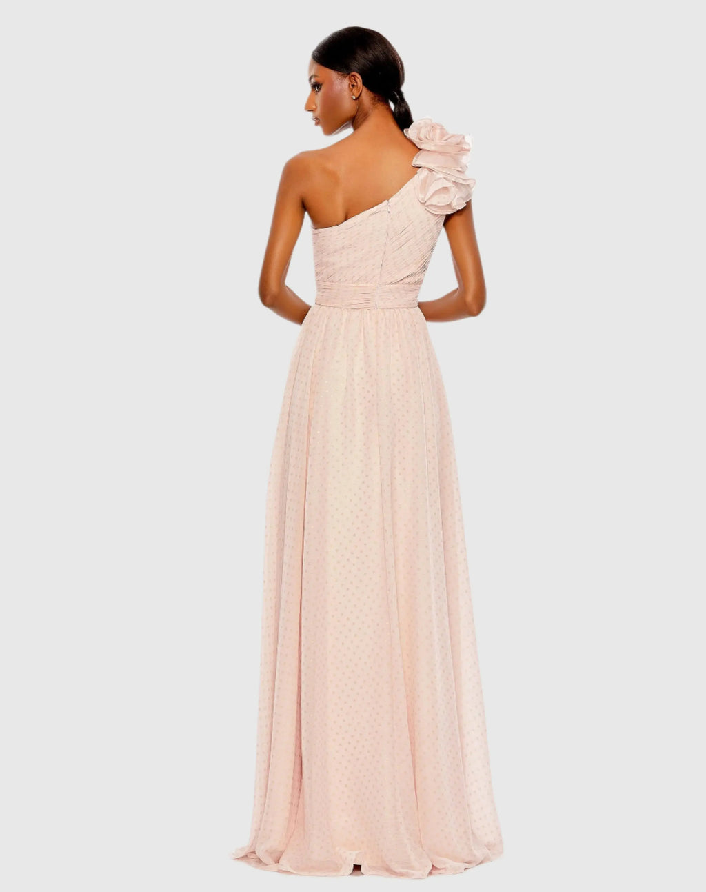 Pink One Shoulder Polka Dot Chiffon Gown With Ruffle Detail