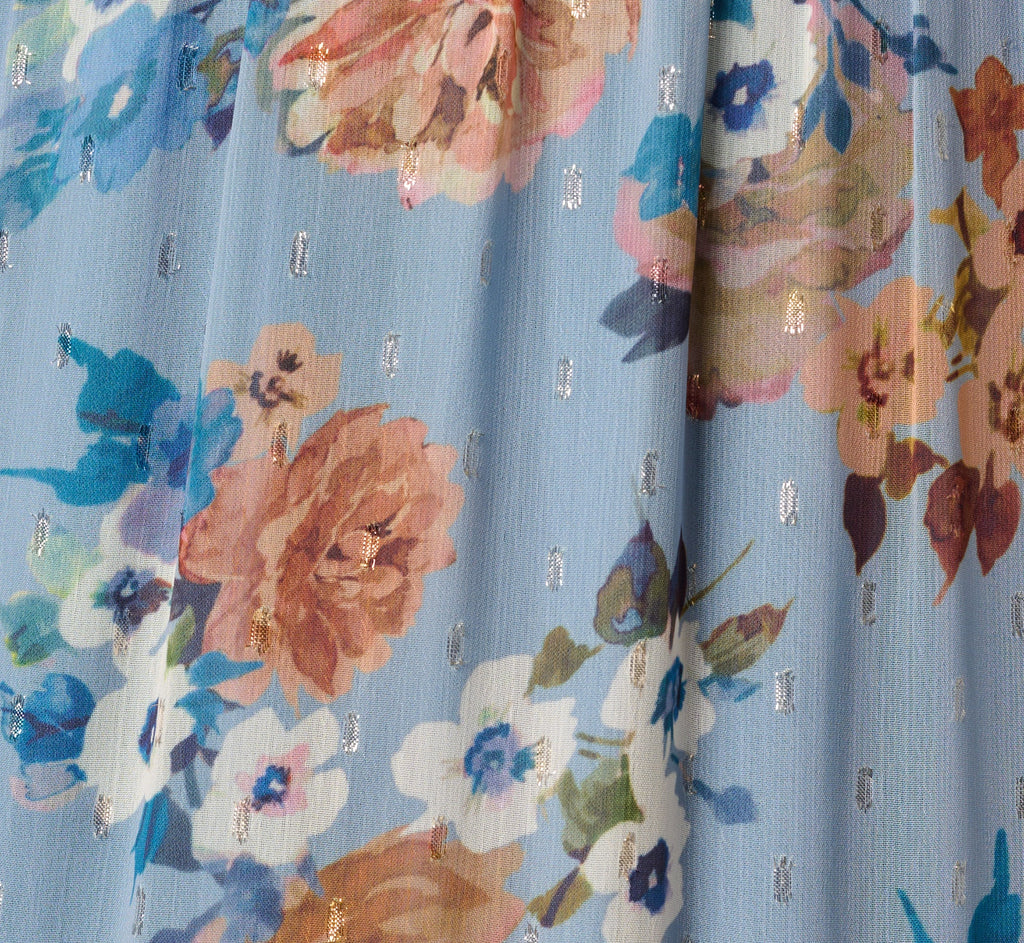 Floral Meta Chiffon Tiered Halter Midi Dress In Blue Multi