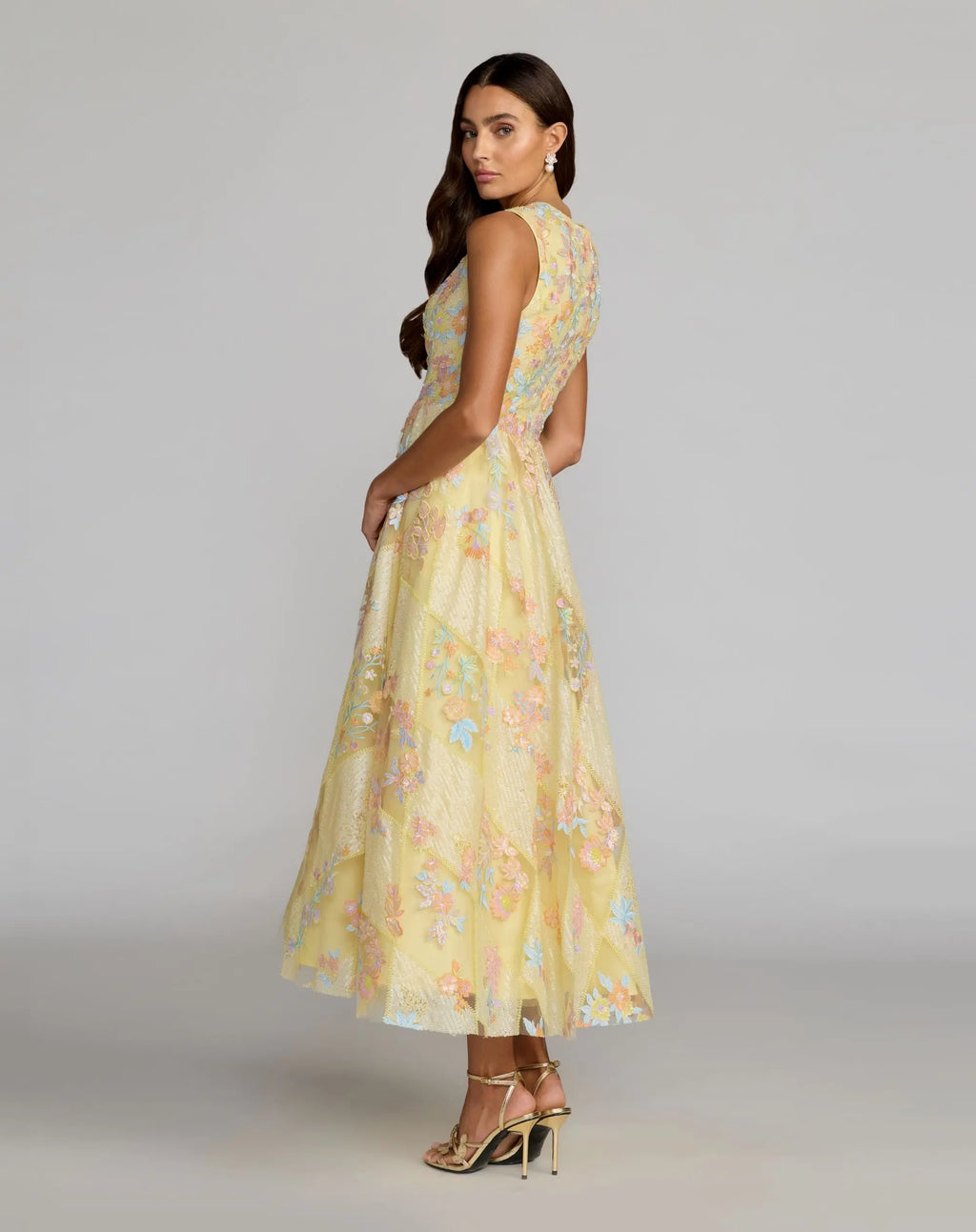 Yellow Sleeveless Embroidered A-Line Midi Dress