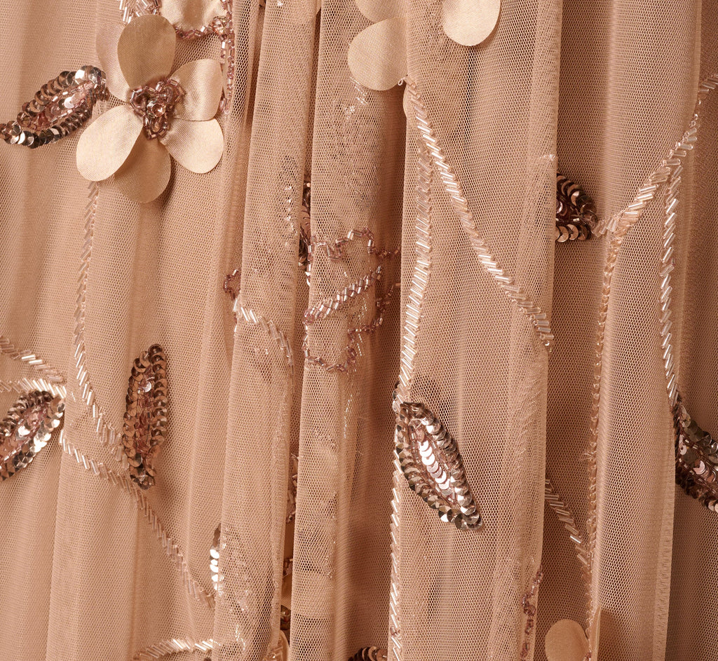 3D Floral Sequin Bead Trapeze Gown In Cafe Mocha