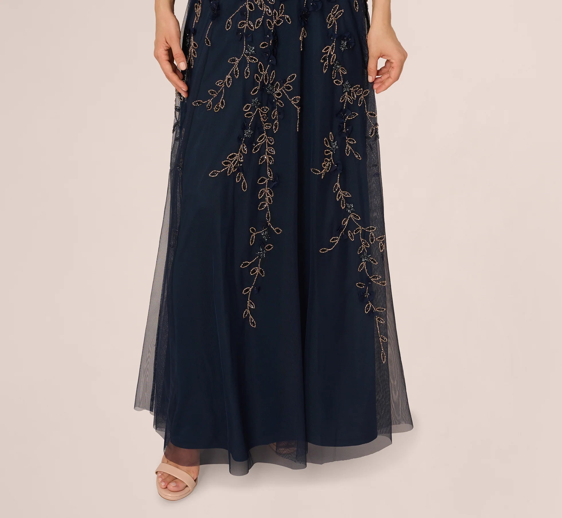 Beaded 3D Petal Halter Gown In Navy Rosegold