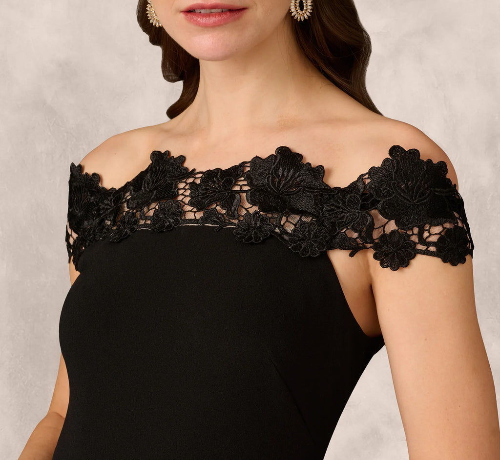 Off Shoulder Lace Trim Midi Sheath Dress In Black