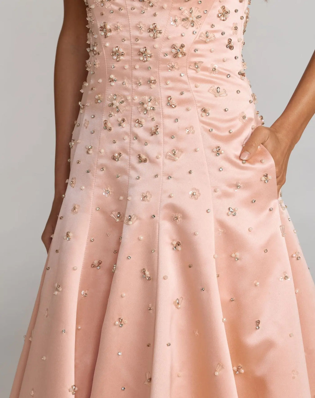 Pink Strapless Embellished Satin Ball Gown With Pockets