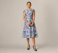 Cap Sleeve Floral Jacquard A Line Midi Dress In Blue Multi