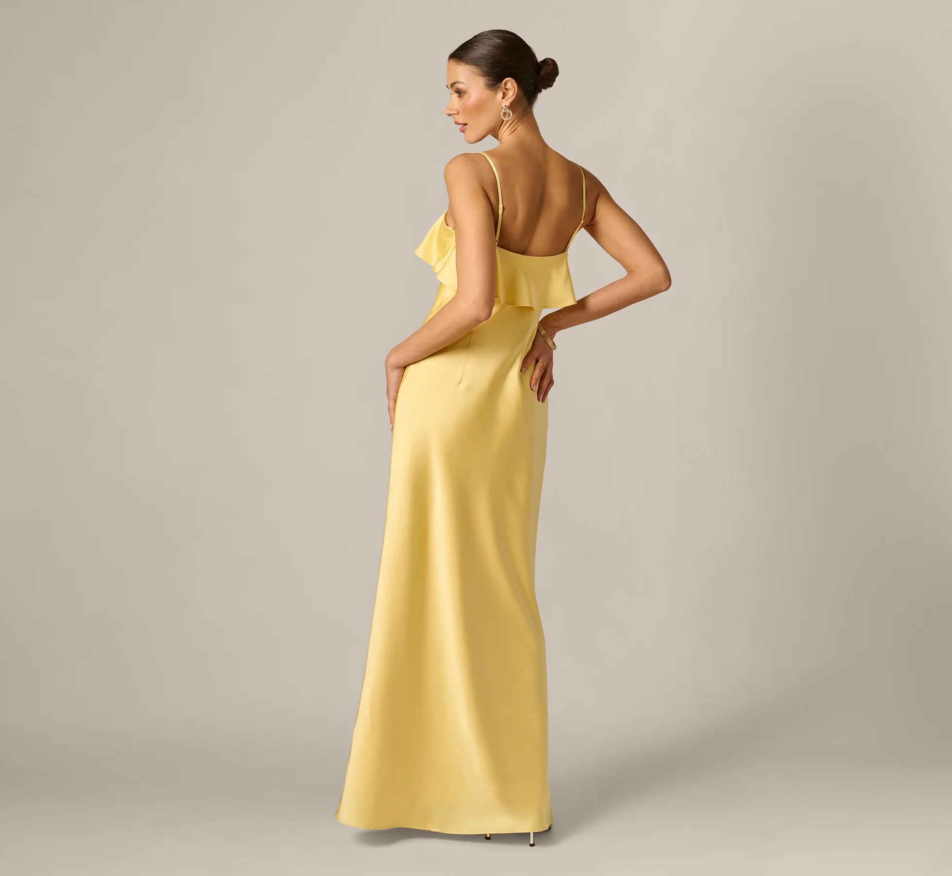 Stretch Satin Flounce Rosette Slip Gown In Butter Yellow