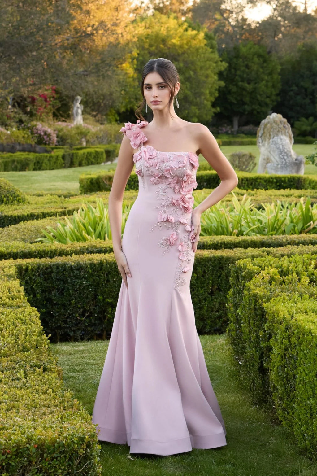 Pink One Shoulder Floral Embellished Mermaid Gown