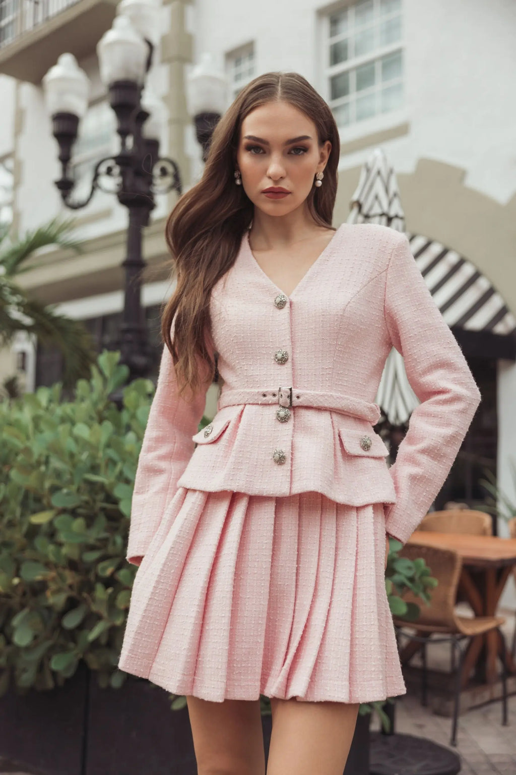 Light Pink Boucle Long Sleeve V-Neck Mini Dress