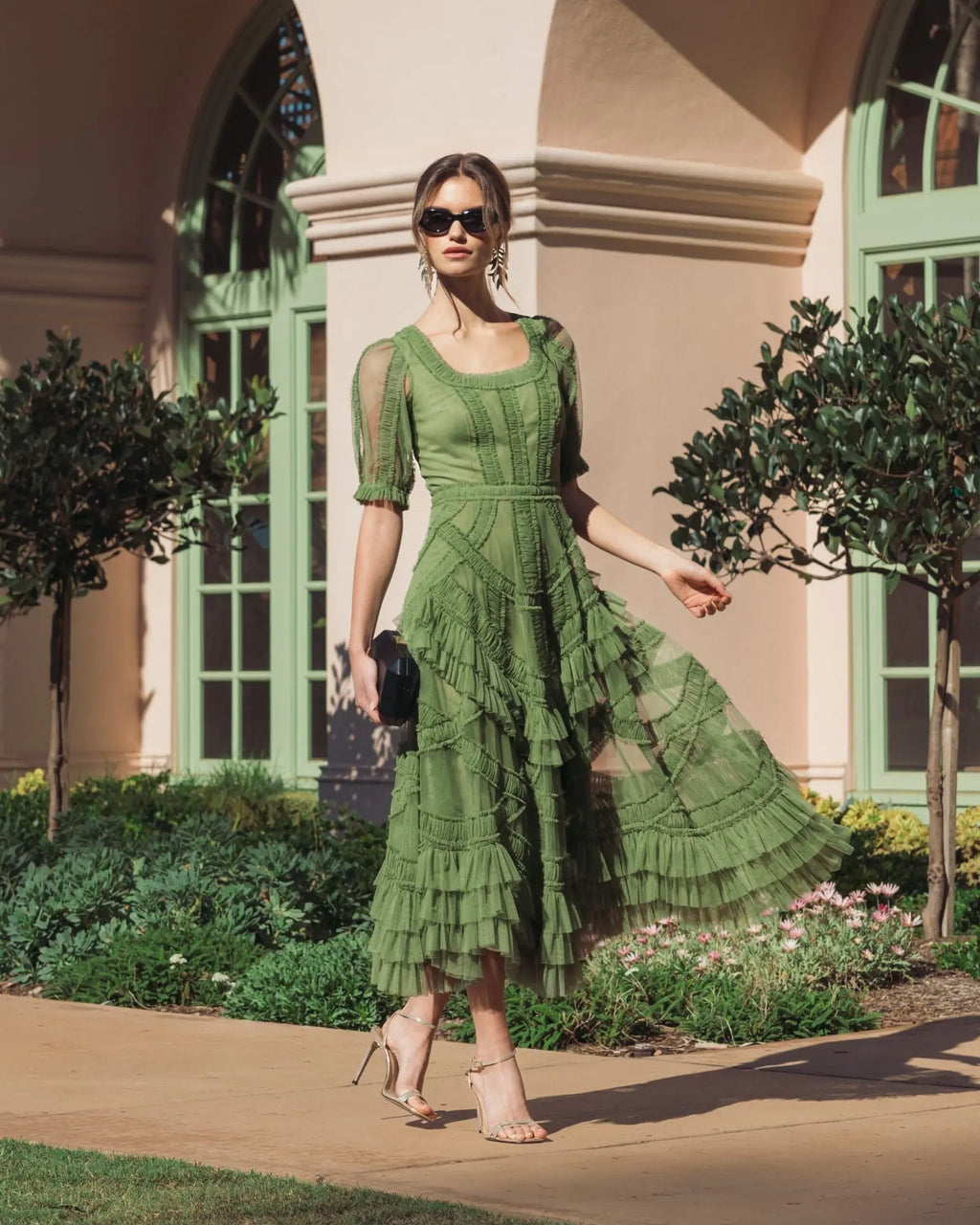 Green Short Sleeve Micro Ruffle Midi Dress