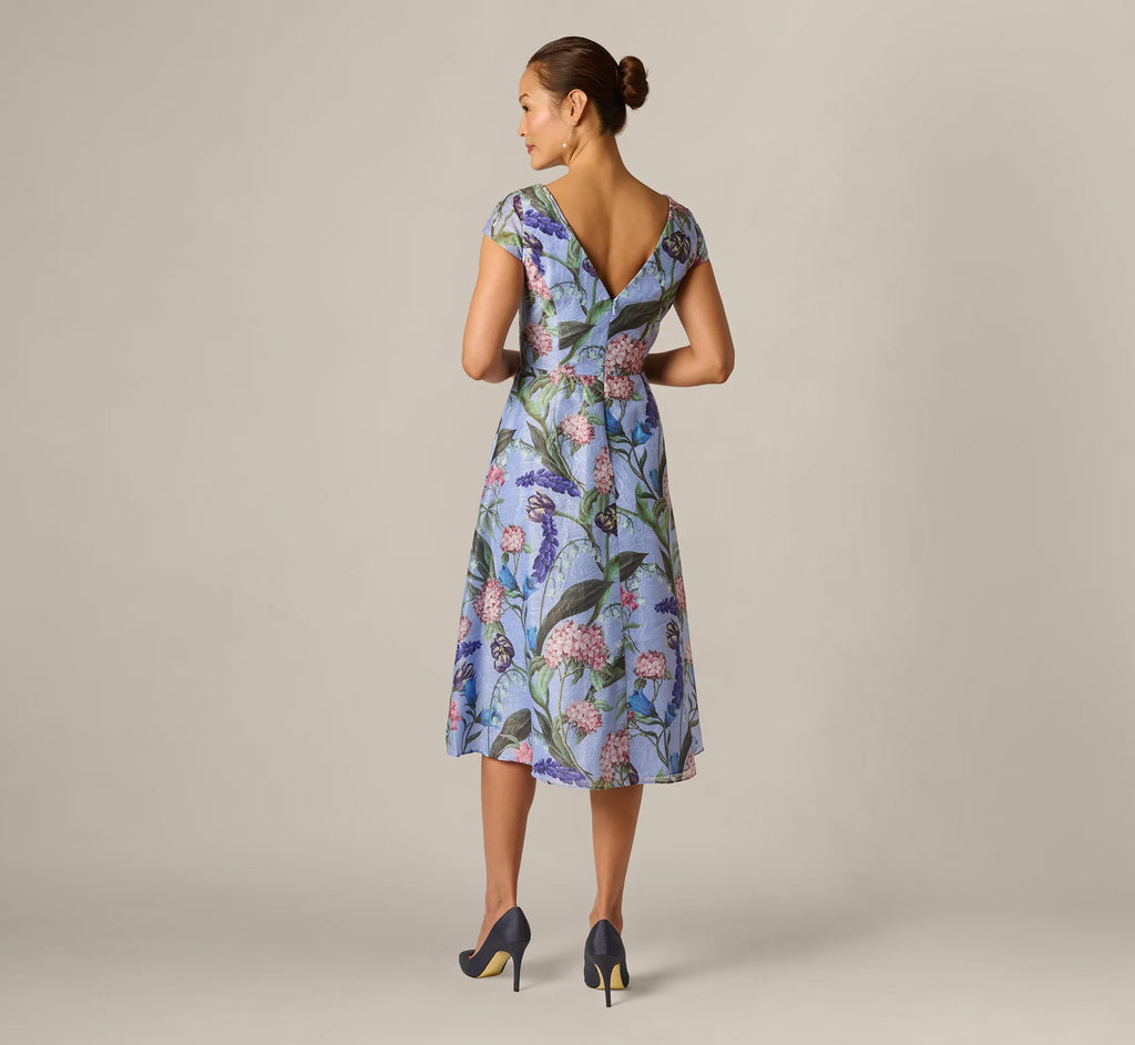 Cap Sleeve Floral Jacquard A Line Midi Dress In Blue Multi