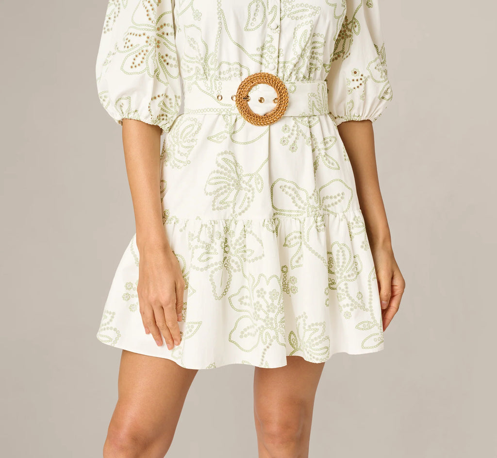 Cotton Floral Eyelet Belted Short Dress In Ivory Sage