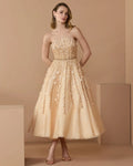 Beige Floral Embellished Strapless A-Line Midi Dress