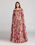 Multicolor Floral Printed Chiffon High Neck Cape Gown