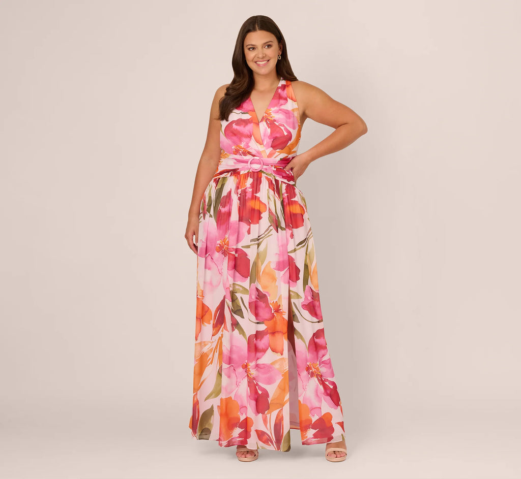 Plus Size Sleeveless Surplice Floral Chiffon Gown In Pink Orange Multi