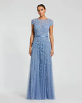 Petite Blue Floral Embellished Cap Sleeve Gown