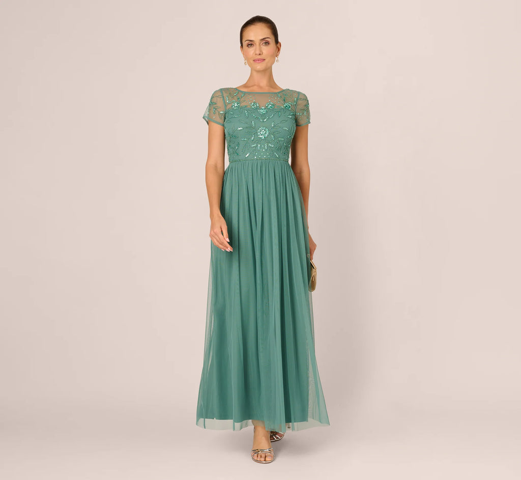 Short Sleeve A Line Beaded Illusion Dress In Green Slate