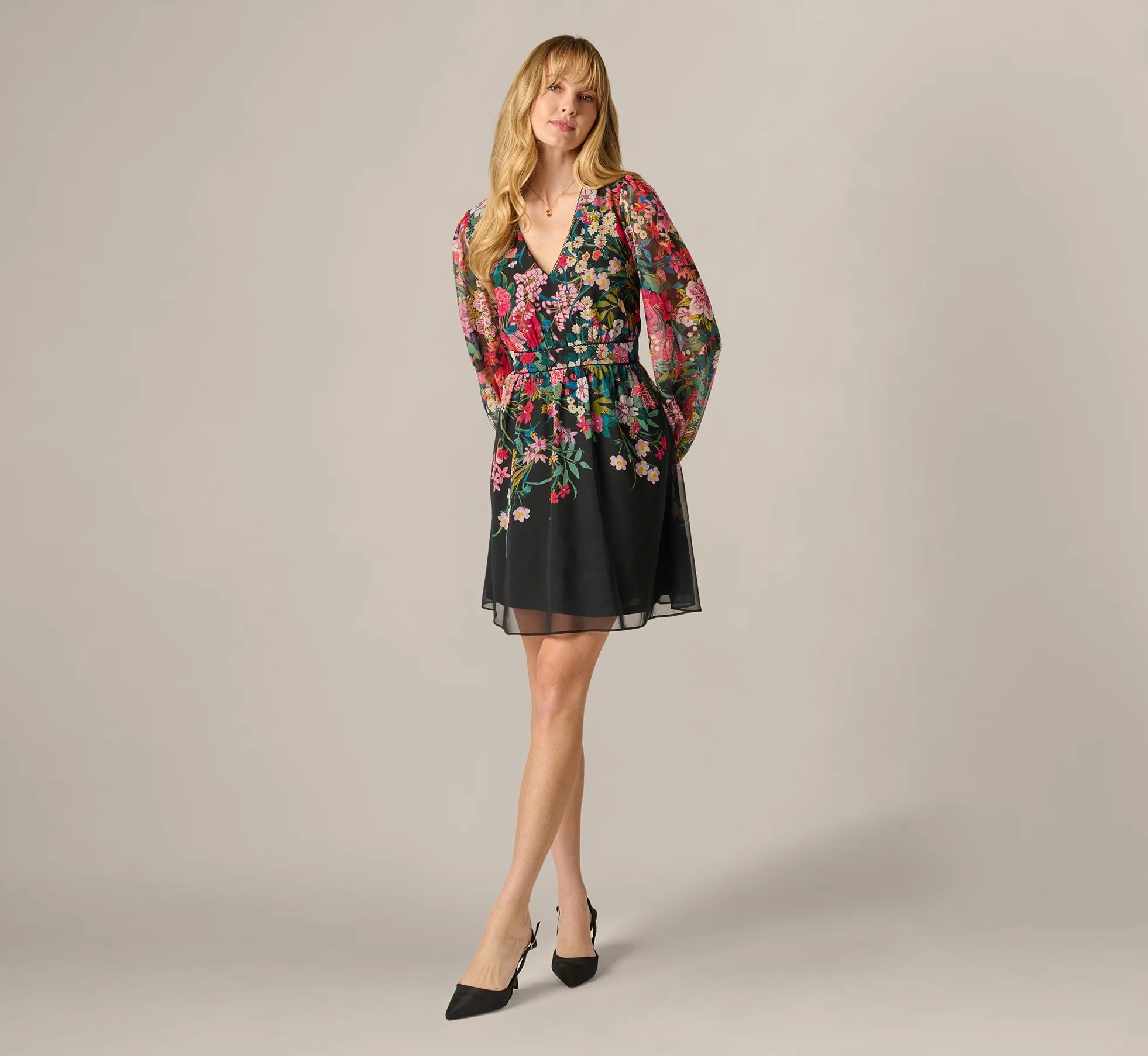 Long Sleeve Wildflower Print Short Dress In Black Multi