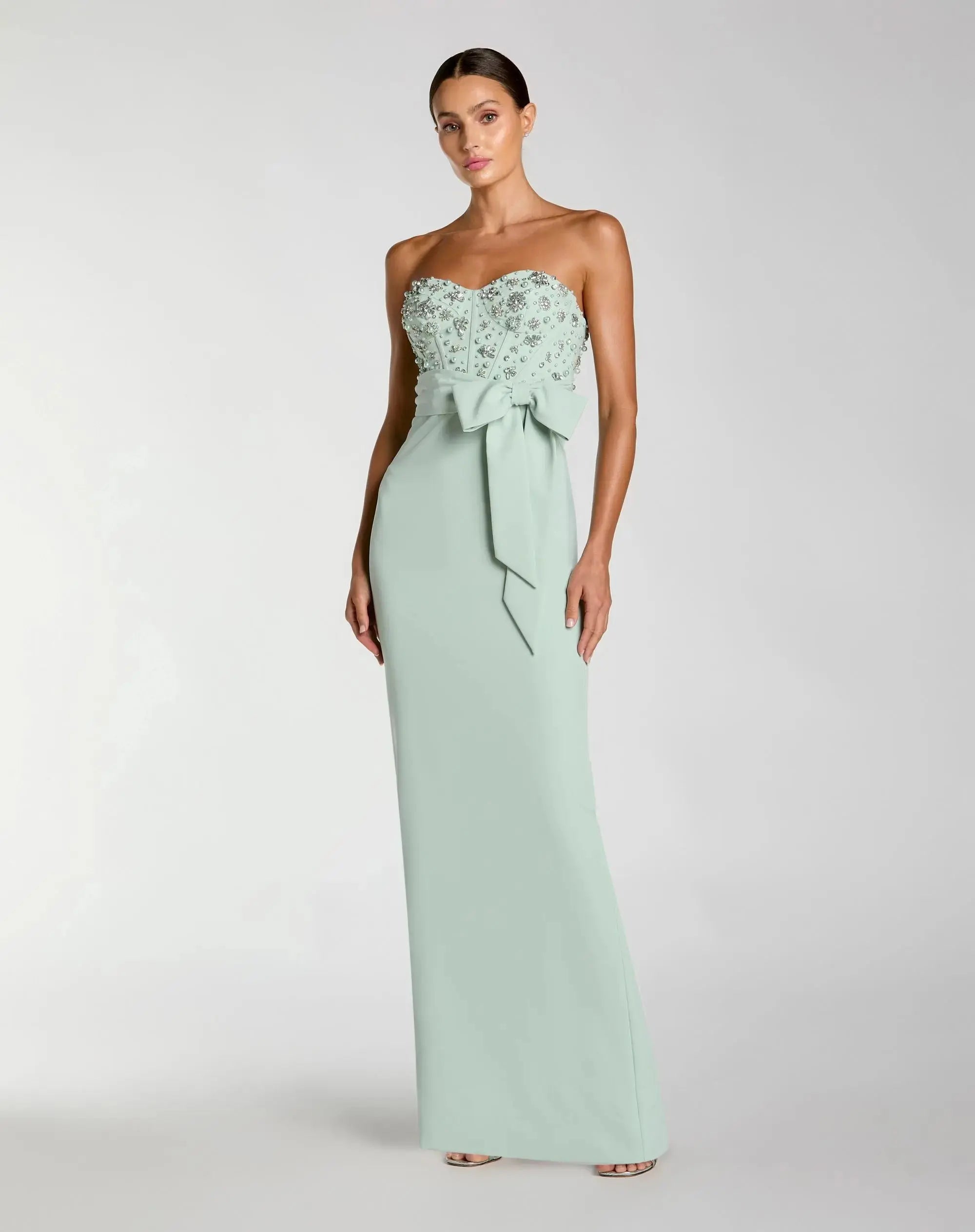 Strapless Embellished Bustier Gown with Bow