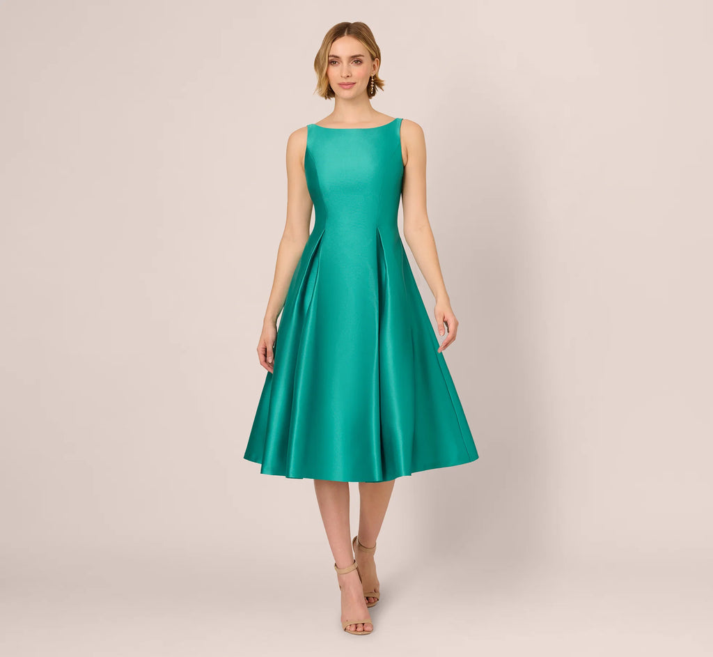 Sleeveless Mikado Fit And Flare Midi Dress With V-Back In Botanic Green