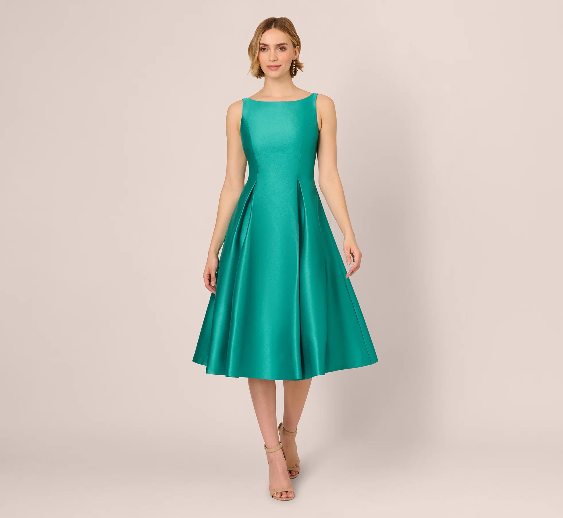 Sleeveless Mikado Fit And Flare Midi Dress With V-Back In Botanic Green