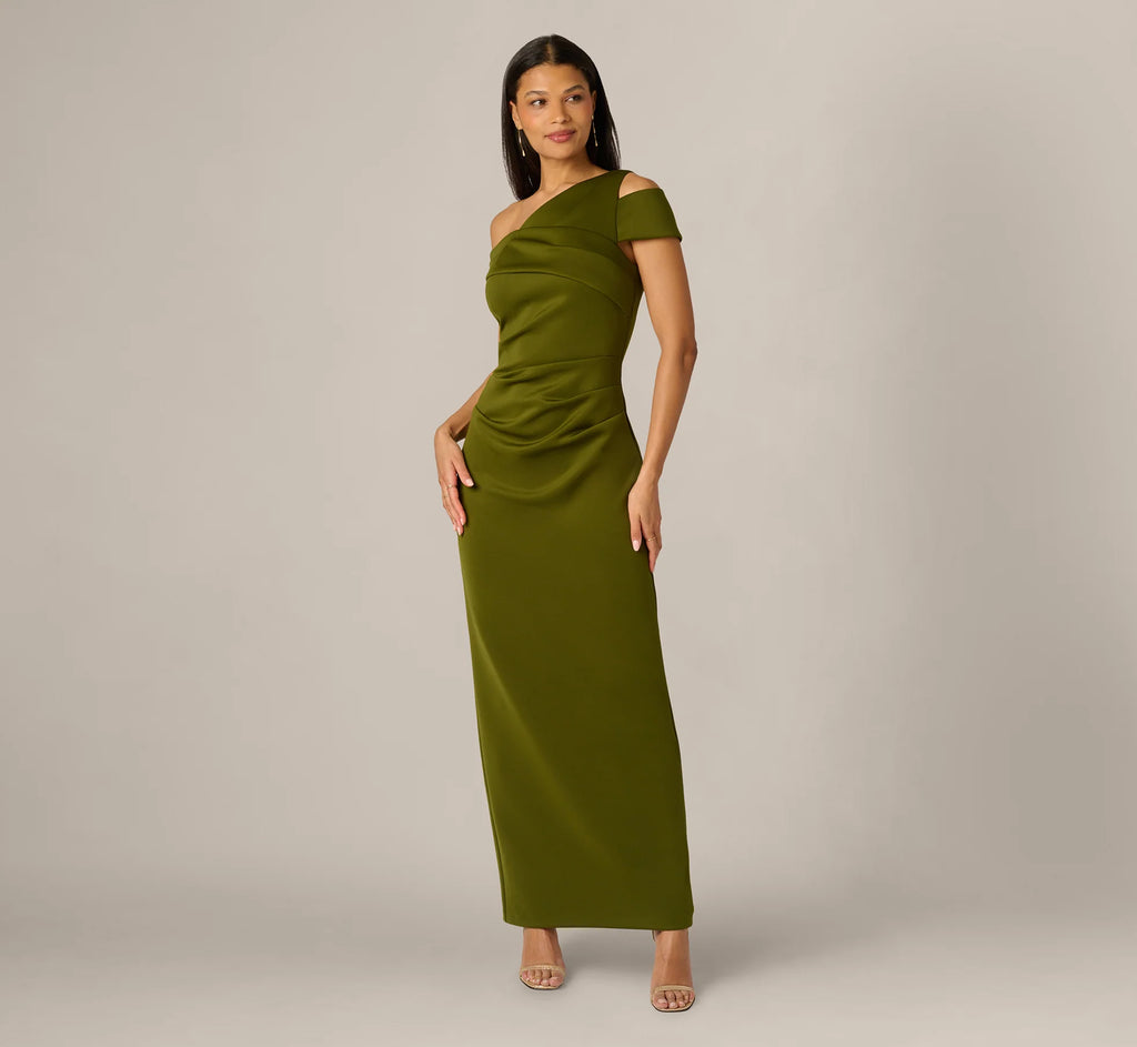Asymmetrical Draped Column Gown In Jungle Olive