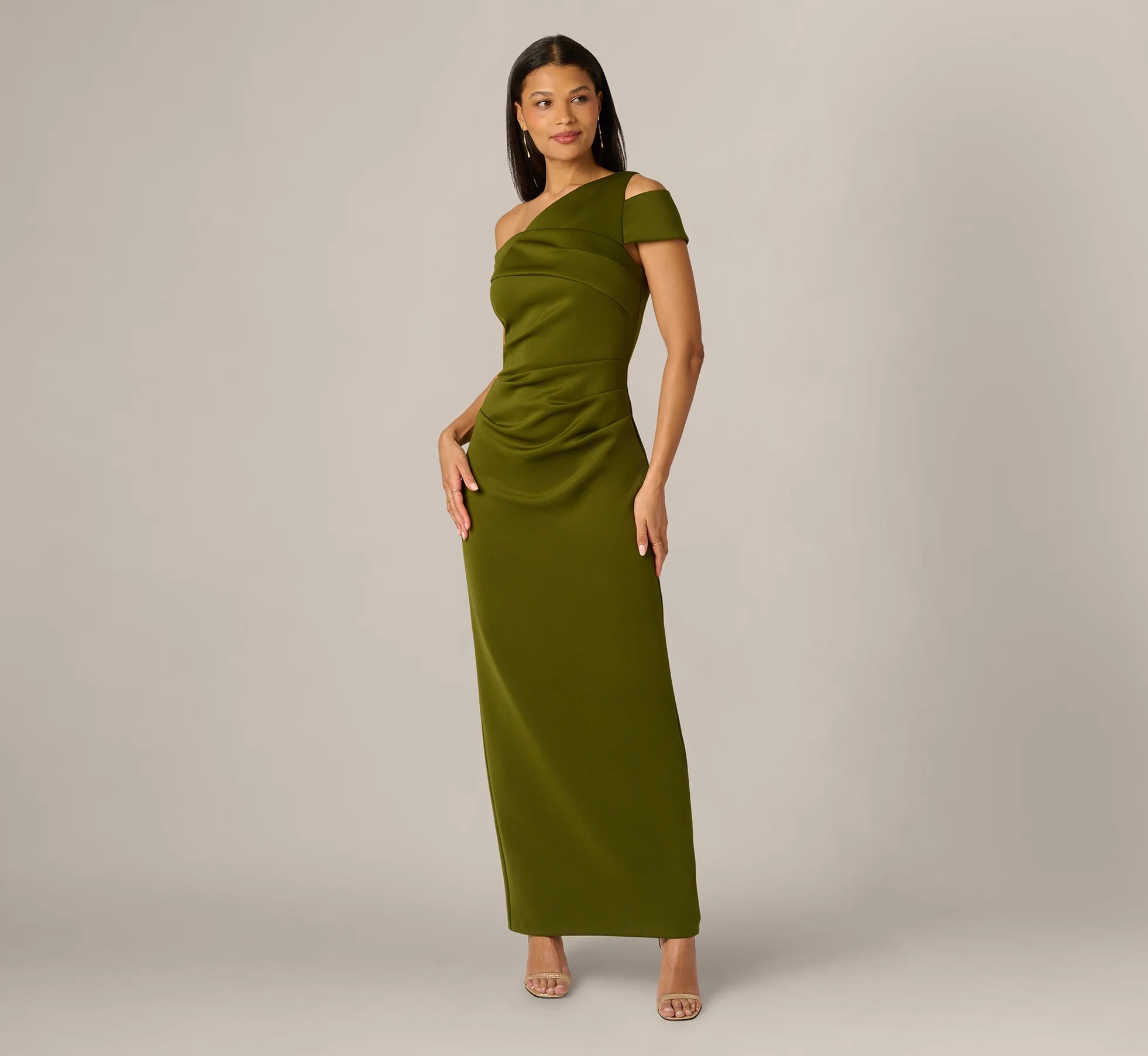 Asymmetrical Draped Column Gown In Jungle Olive