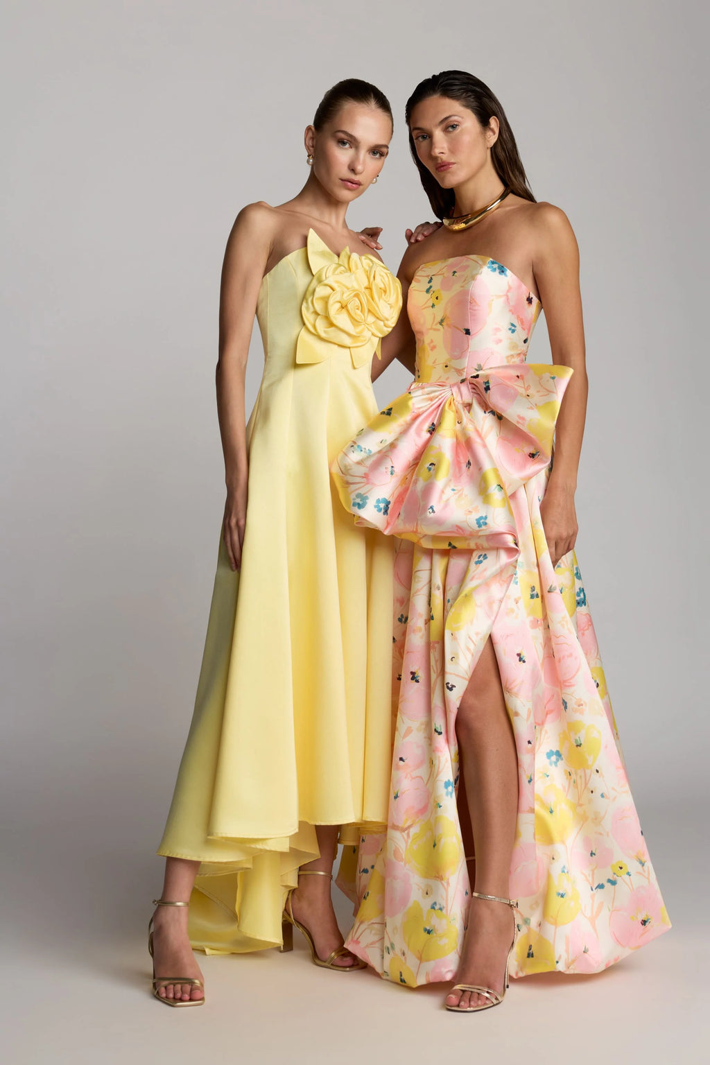 Yellow Strapless Satin High Low Gown With 3D Flowers