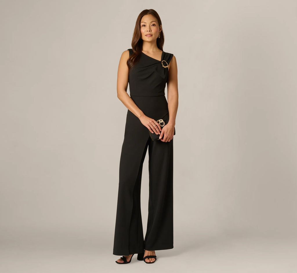 Buckle Shoulder Overlay Stretch Jumpsuit In Black
