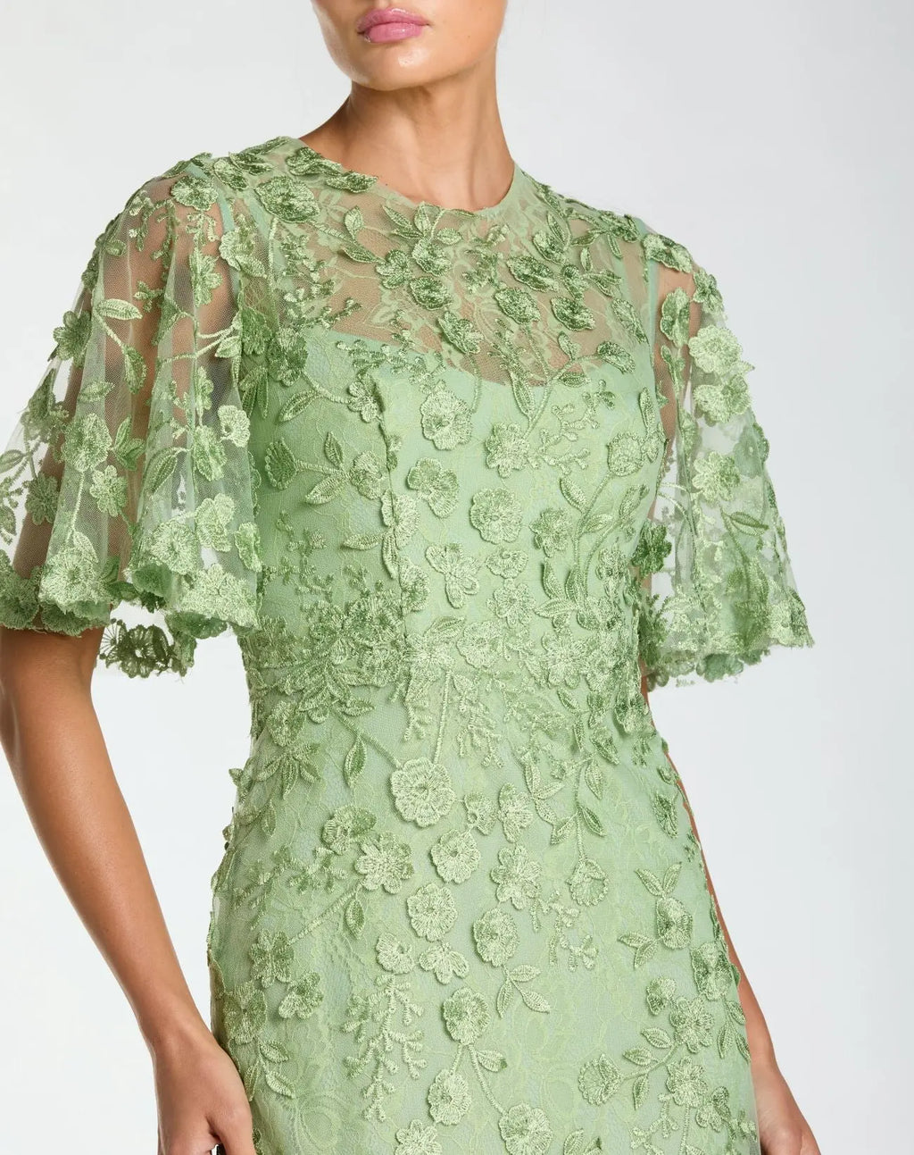Green Flutter Sleeve Floral Embroidered Net Gown