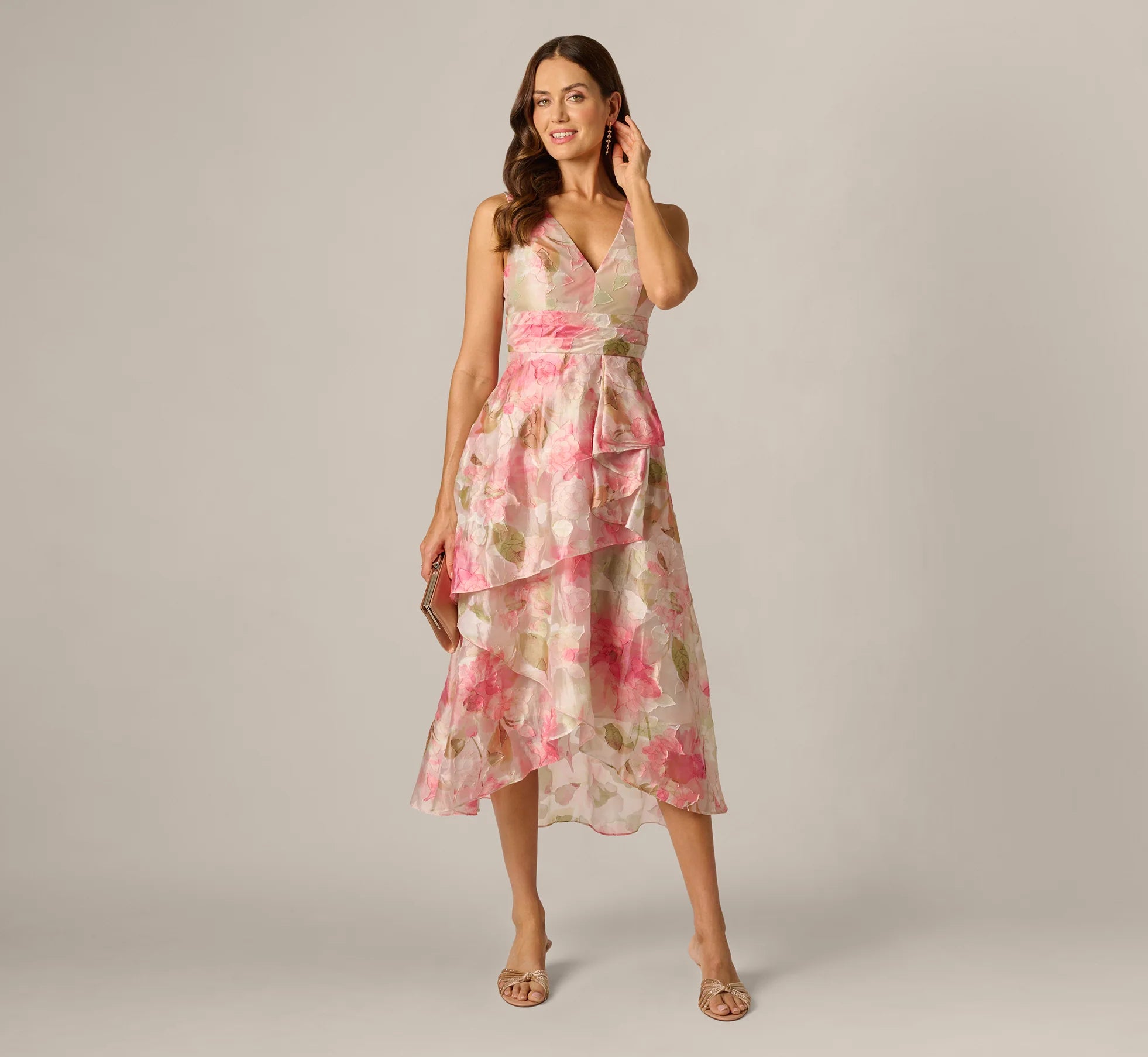 Floral Organza Cascade High Low Midi Dress In Sage Multi
