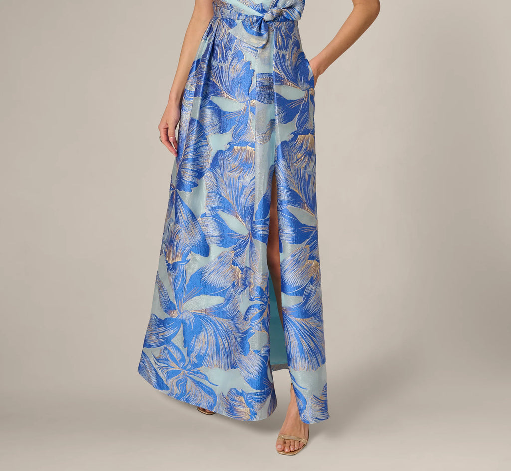 Metallic Iris Floral Organza Gown In Blue Multi