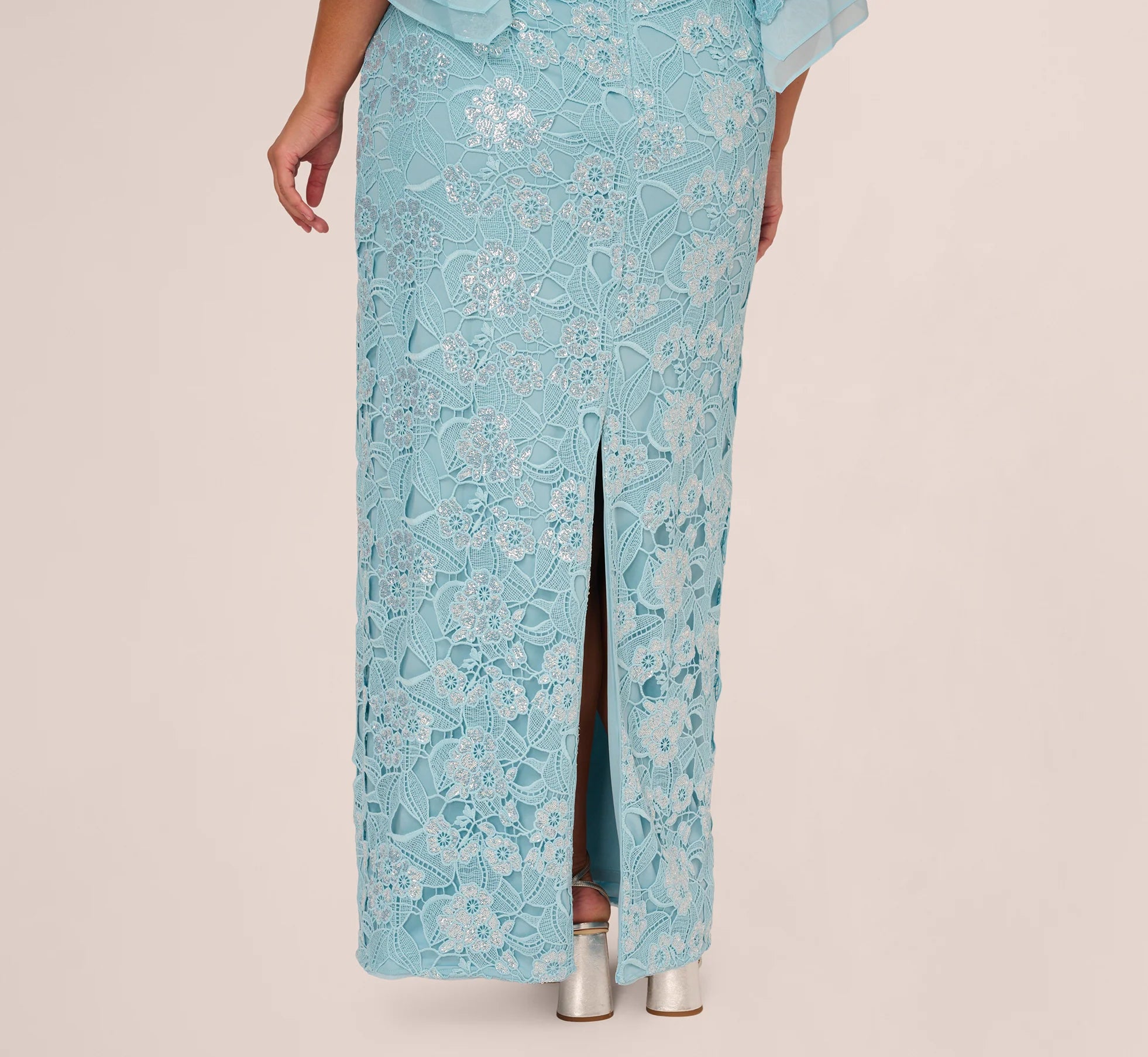 Plus Size Off Shoulder Bell Sleeve Sequin Lace Gown In Airy Aqua