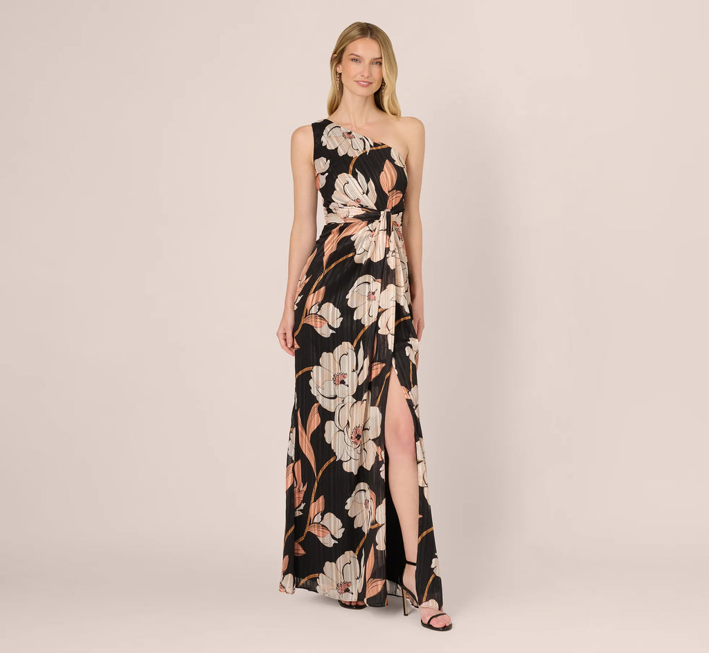 One Shoulder Floral Ribbon Stripe Gown In Black Multi