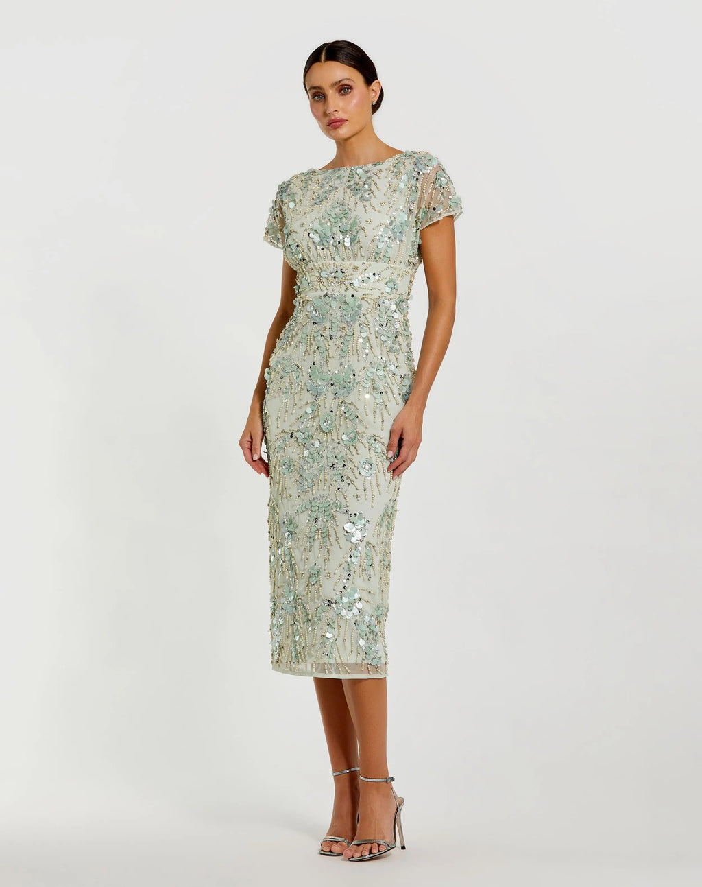 Green Embellished Cap Sleeve Midi Dress