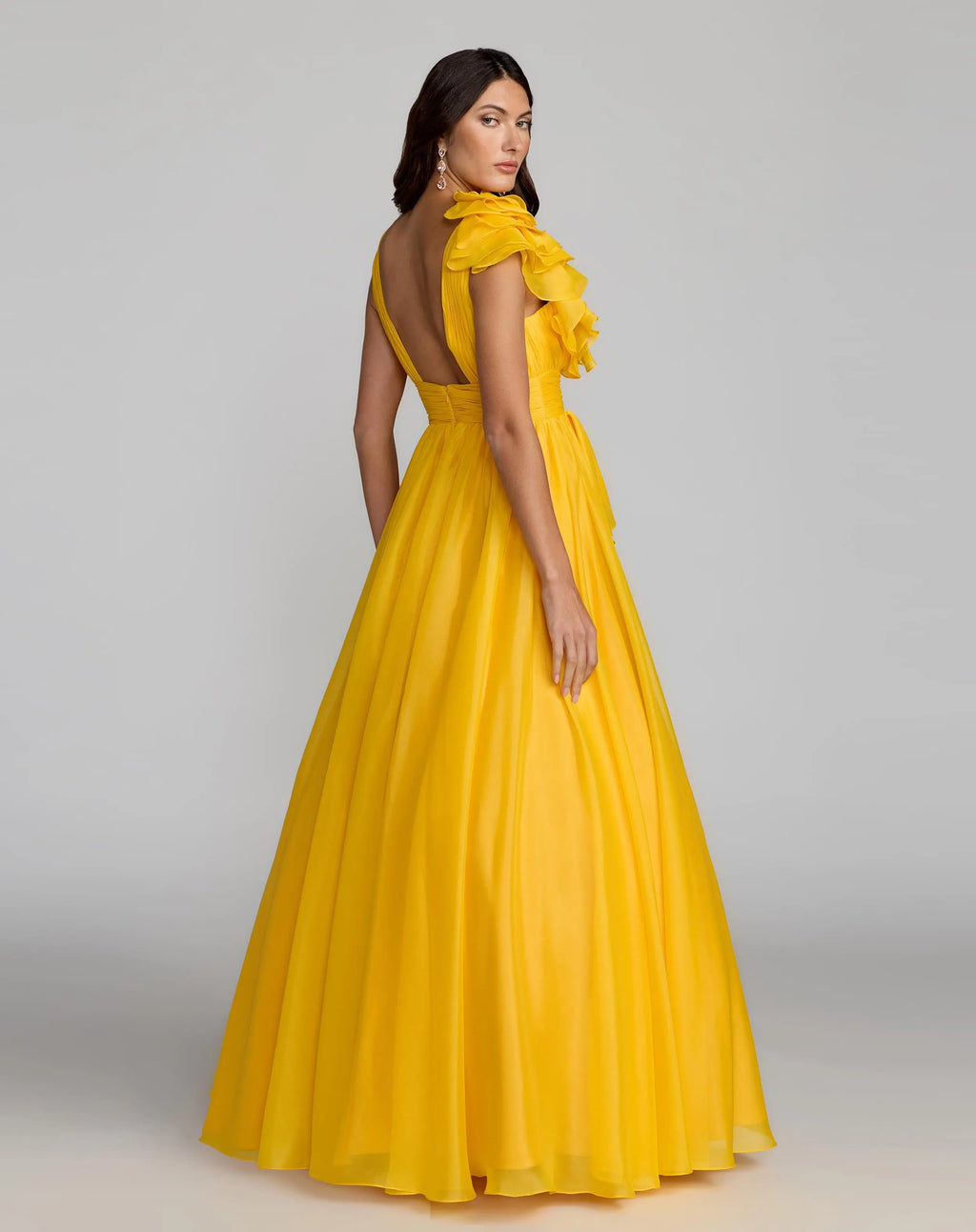 Yellow Ruffle Shoulder V-Neck Chiffon Gown