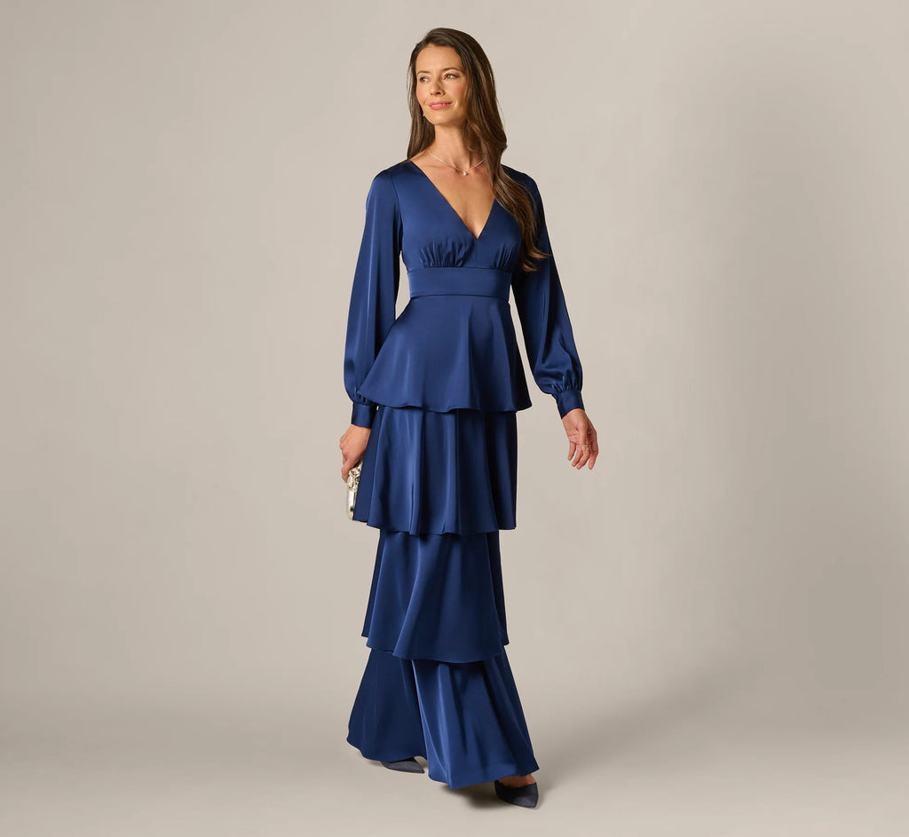 Long Sleeve Satin Tiered Gown In Navy Sateen