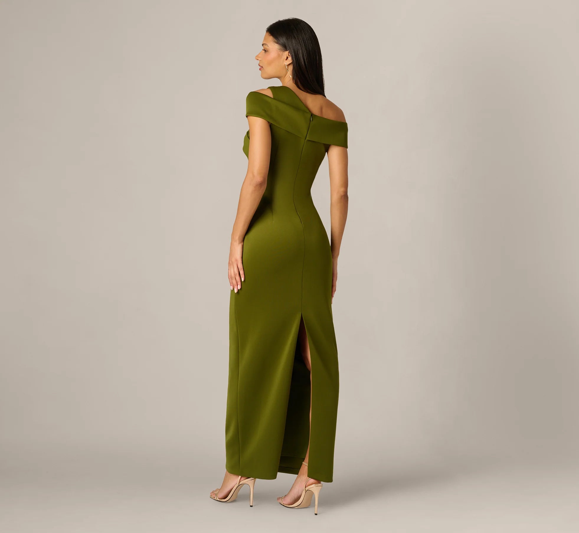 Asymmetrical Draped Column Gown In Jungle Olive