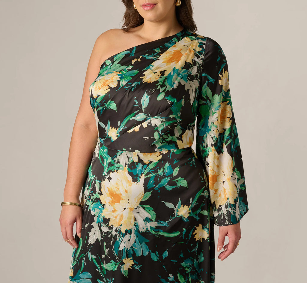 Plus Size One Shoulder Long Sleeve Floral Satin Gown In Black Multi