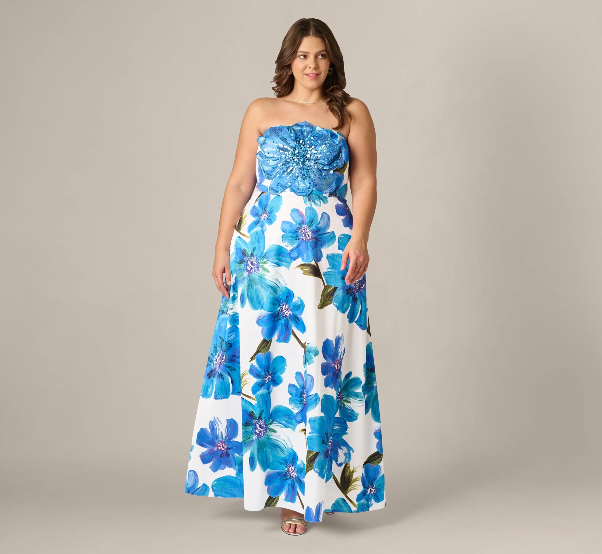 Plus Size Strapless 3D Floral Beaded Dupioni Gown In Ivory Blue Multi