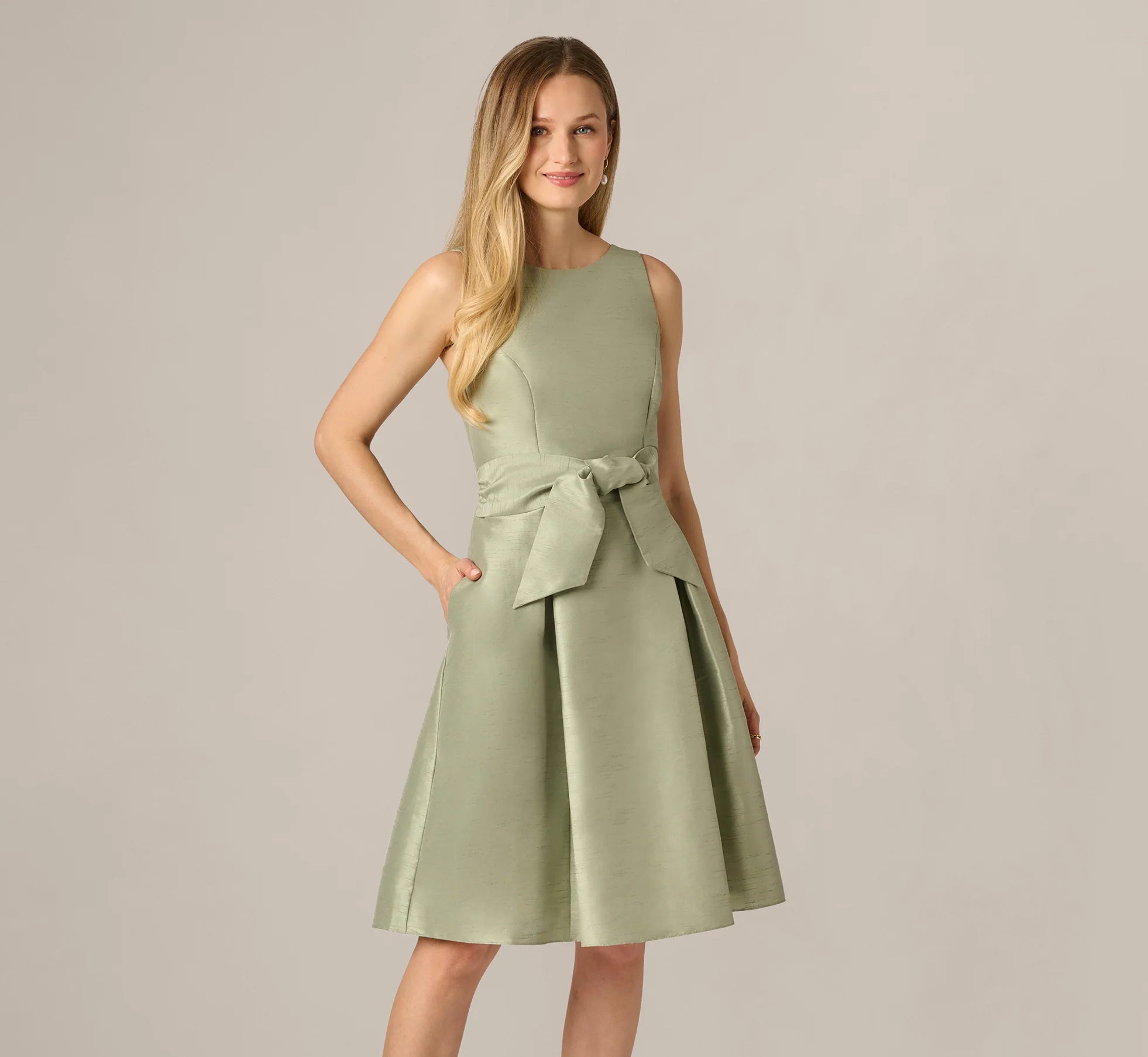 Dupioni Tie Front Fit And Flare Dress In Sage