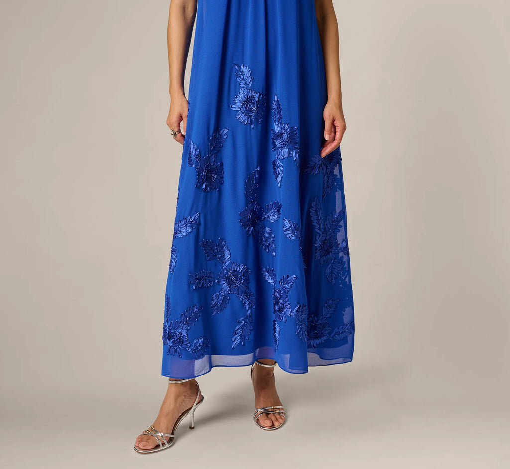 Georgette Soutache Embroidery Trapeze Halter Dress In Brilliant Sapphire