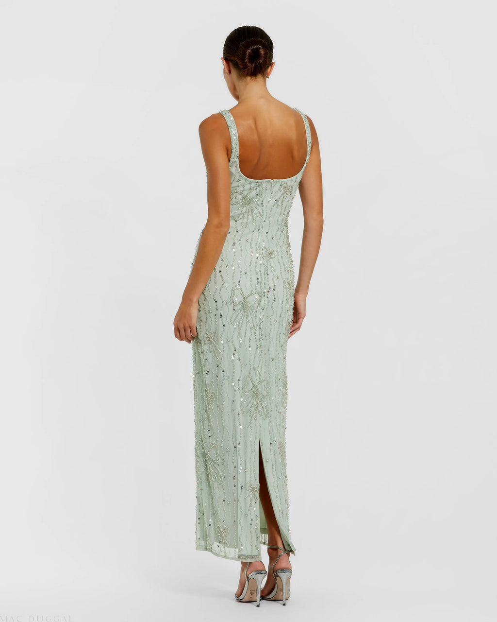 Green Scoop Neck Embellished Dress With Bow Detail
