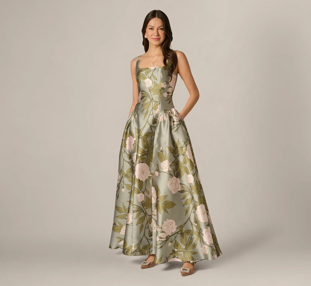 Drop Waist Square Neck Floral Ballgown In Sage Multi