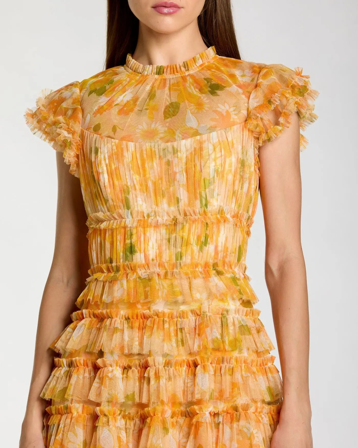 Yellow Floral High Neck Flutter Sleeve Midi Dress