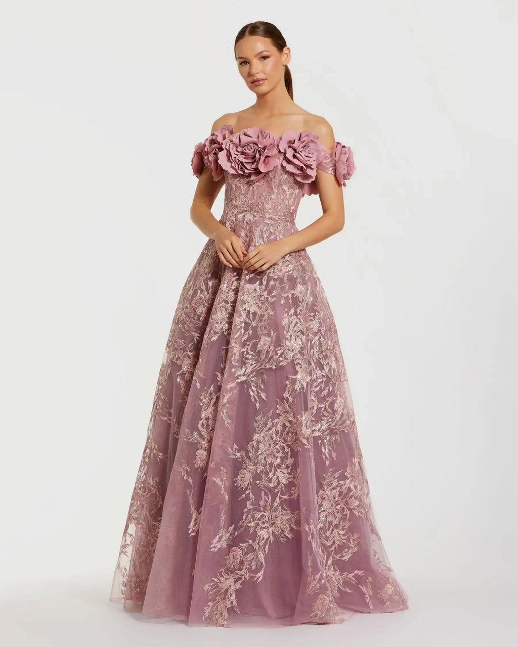 Purple Off The Shoulder 3D Floral Embroidered A-Line Gown