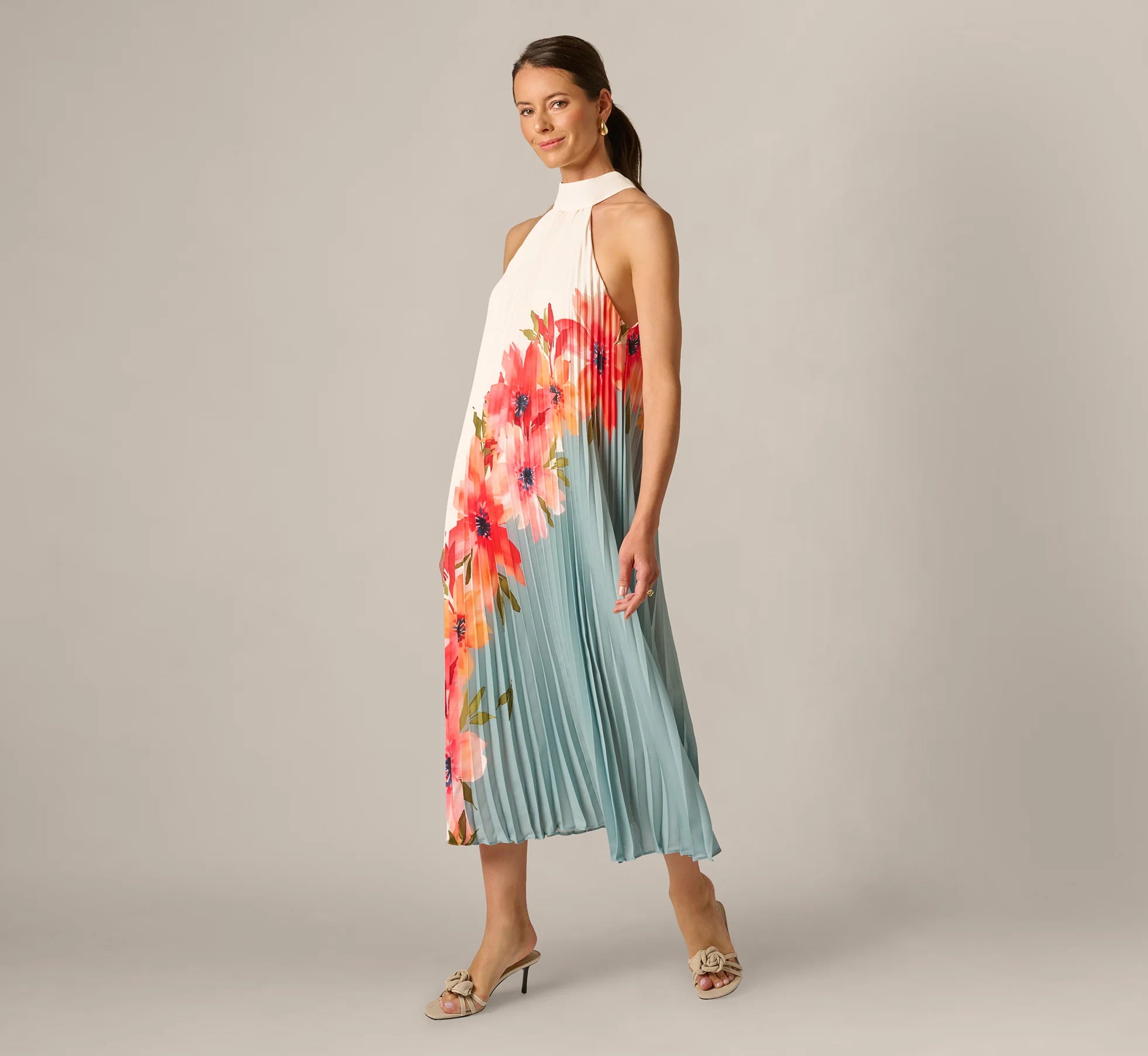 Pleated Chiffon Floral Color Block Midi Trapeze Dress In Blue Multi