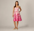 Square Neck Tulip Floral Border Jacquard Dress In Pink Multi