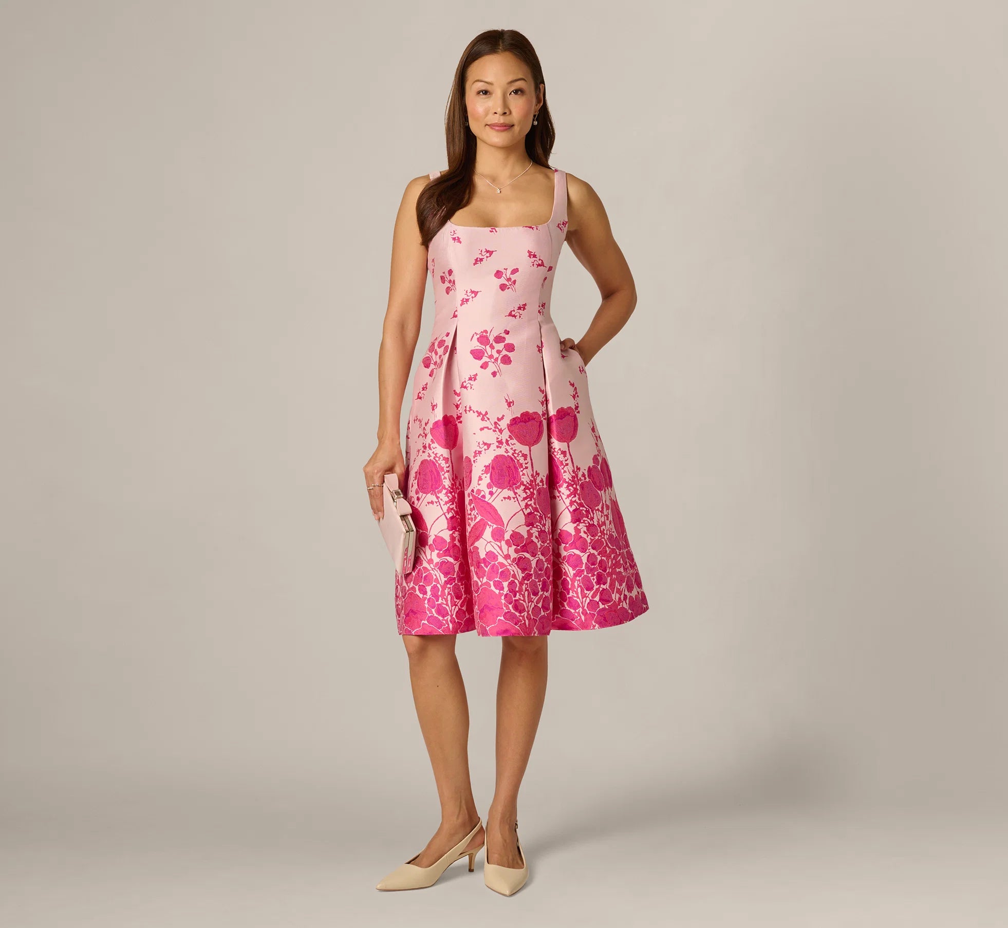 Square Neck Tulip Floral Border Jacquard Dress In Pink Multi