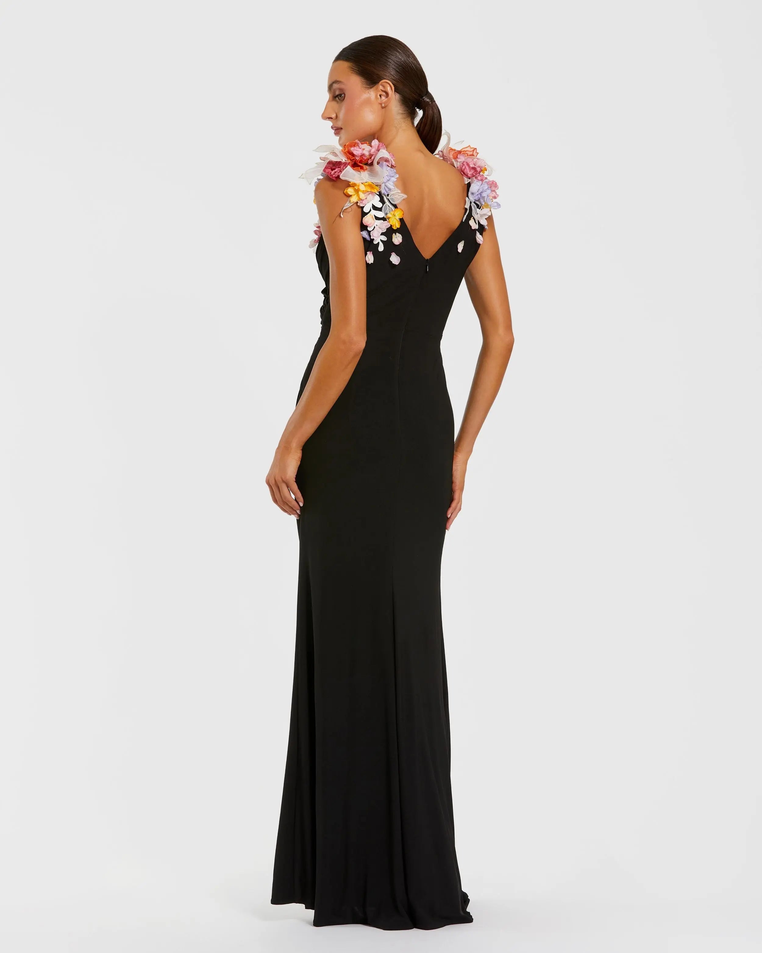 Black Jersey V Neck Gown With 3D Flowers