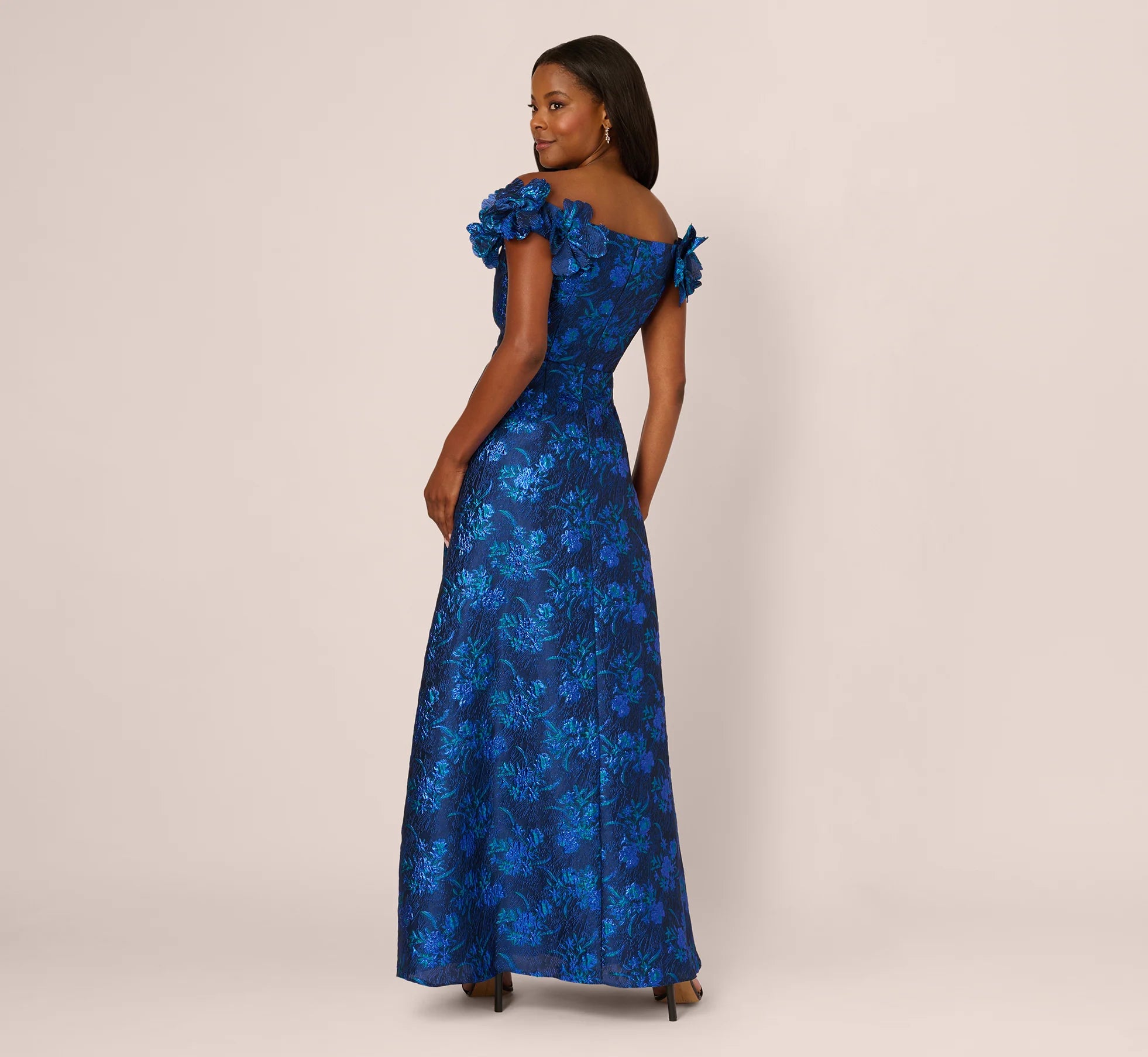 Off Shoulder Floral Jacquard A Line Gown In Navy Blue Multi