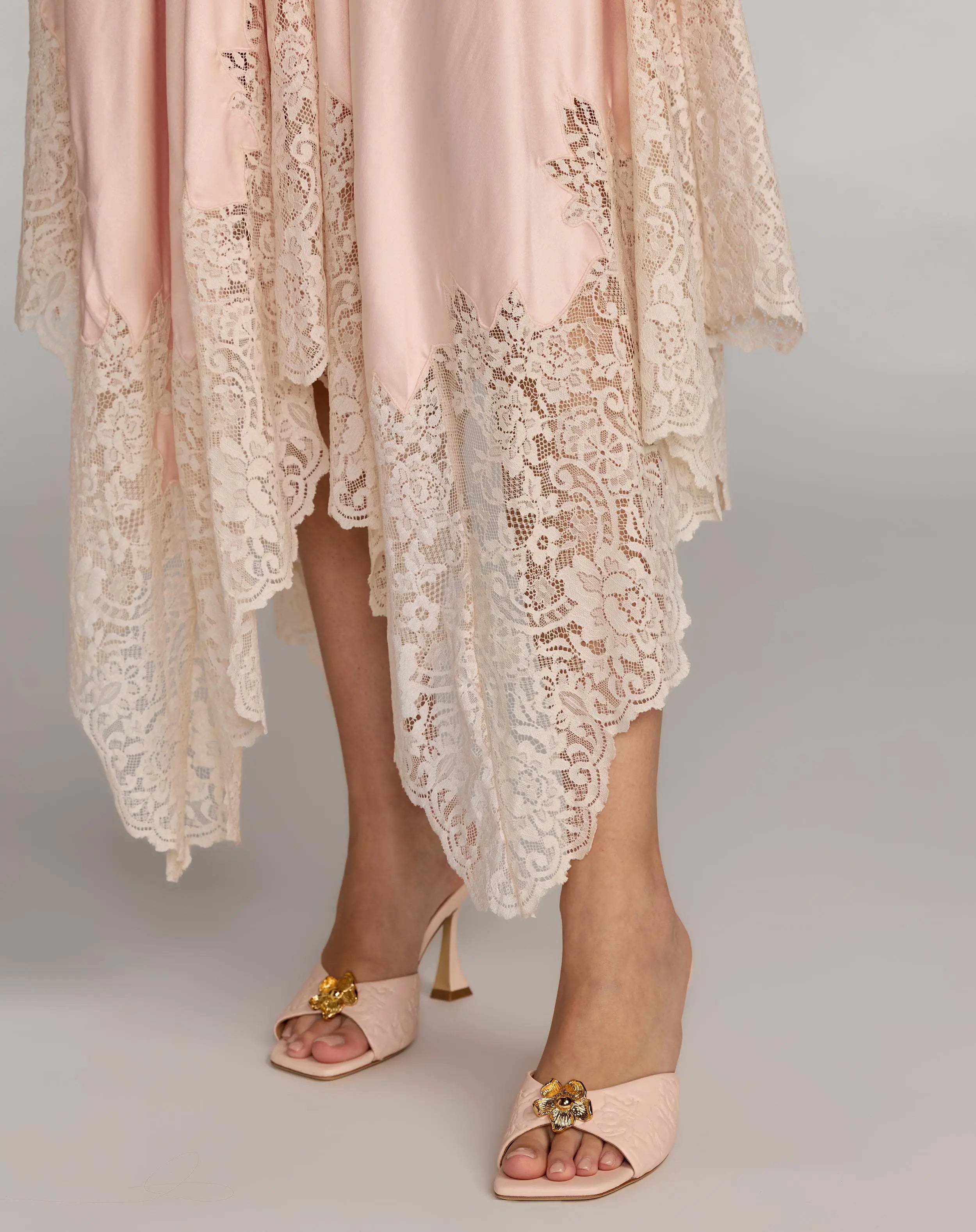 Light Pink Lace Trim Handkerchief Midi Dress